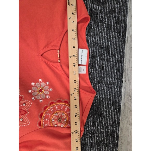 Alfred Dunner Womens XL Orange Short Sleeve Top Embroidered Floral Keyhole Neck - Picture 8 of 9